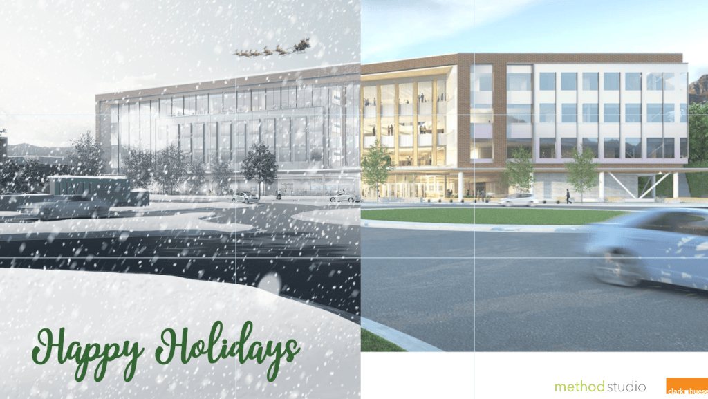 Architect's rendering of a building split in half down the middle to show the original rendering on the right and the Photoshop edited image on the left which includes snow, text, and Santa with reindeers to turn it into a holiday card.