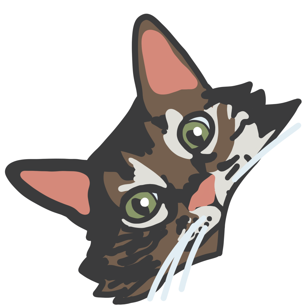 Simple digital llustration of the head of a tabby cat with green eyes looking at the viewer.